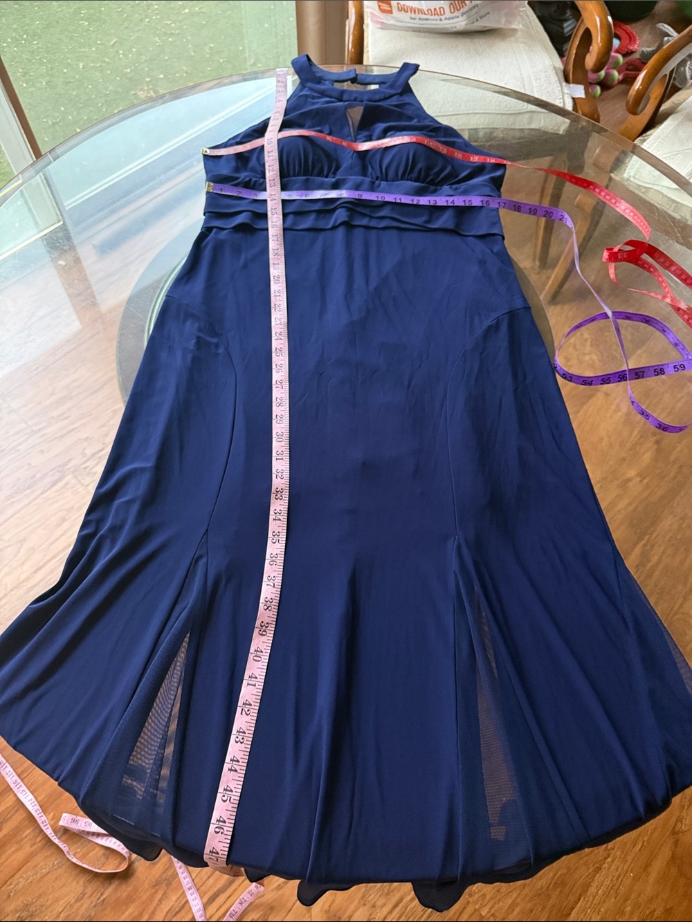 NW Nightway 16 Elegant Navy Blue Halter Maxi Dress Sheer V Inset Slimming Waist - Picture 13 of 13
